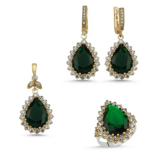 Gümüş Damla Zümrüt Zirkon Taşlı Otantik Set