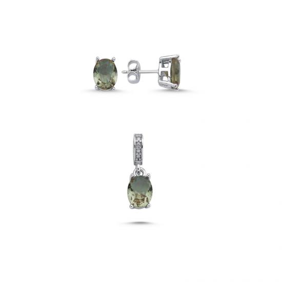 Gümüş 6x8mm Oval Sultanit Zirkon Tektaş Set