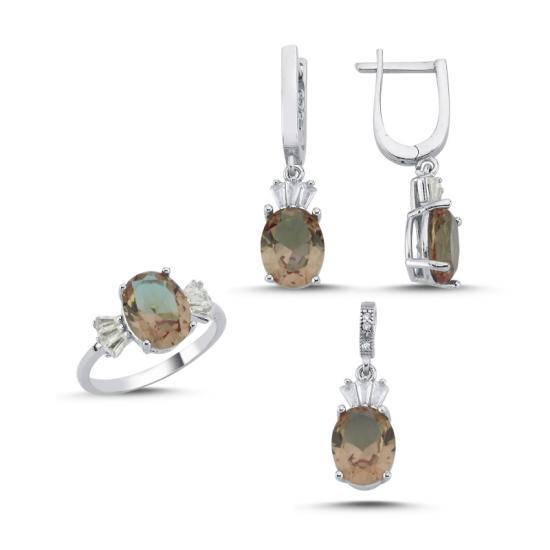 Gümüş Oval Sultanit & Zirkon Taşlı Set