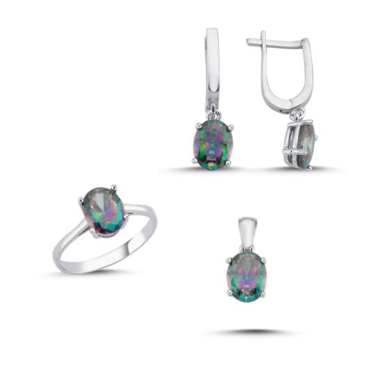 Gümüş Mistik Topaz Zirkon Taşlı Oval Set