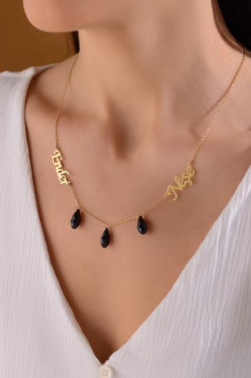 Kişiye Özel Swarovski Drop Taşlı İki İsimli 925 Ayar Gümüş Kolye