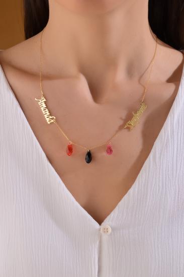Kişiye Özel Swarovski Taşlı Üç Renkli İki İsimli 925 Ayar Gümüş Kolye