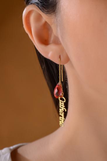 Kişiye Özel Swarovski Red Magma Drop Taşlı Sallantılı İsimli 925 Ayar Gümüş Küpe