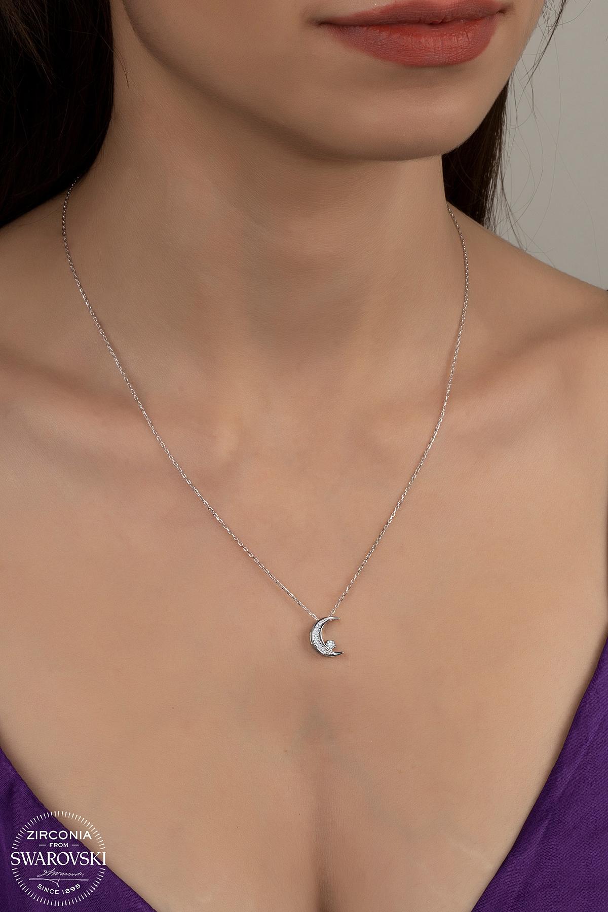 Kutaydan SWR Zirconia Ay Yıldız Tek Taş Kadın Gümüş Kolye