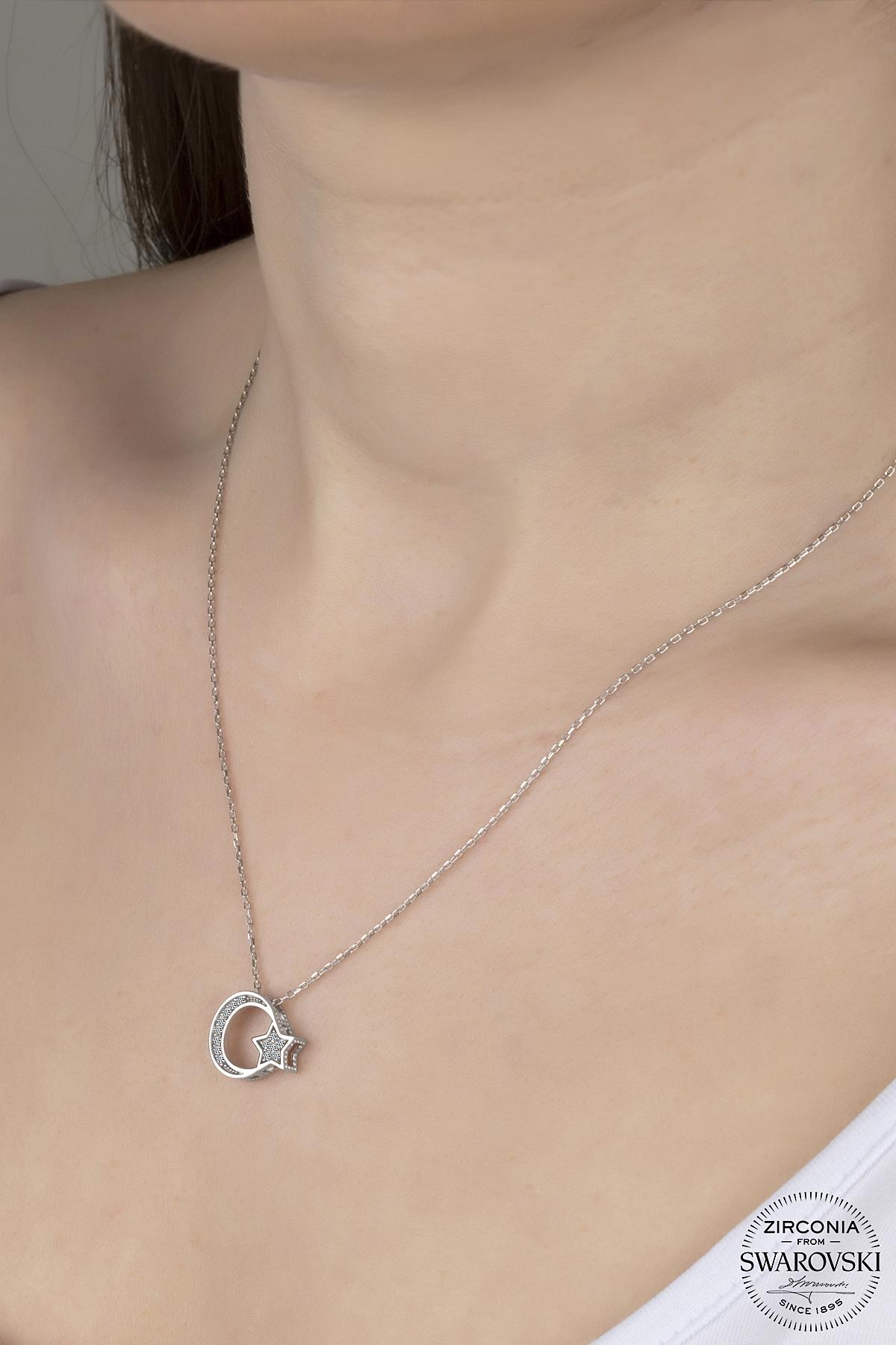 Kutaydan SWR Zirconia Montürlü Ay Yıldız Kadın Gümüş Kolye