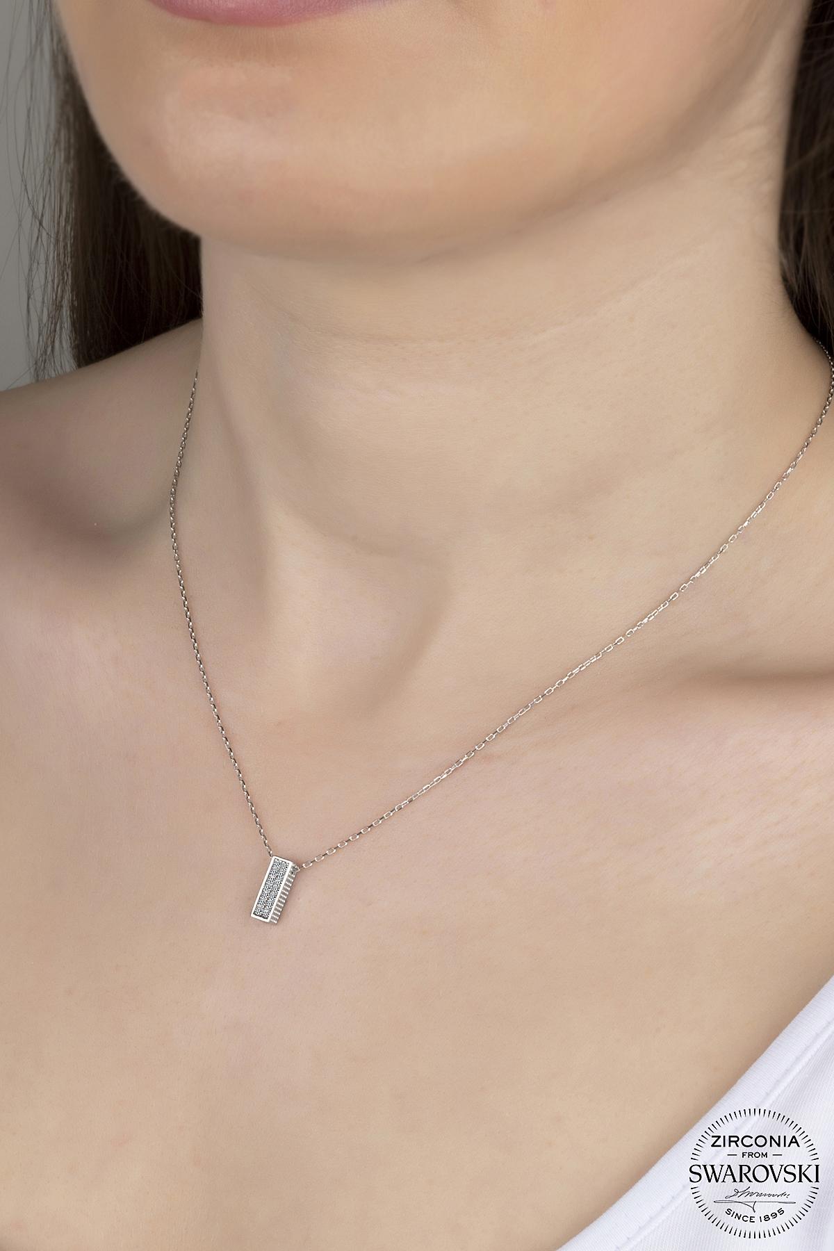 Kutaydan SWR Zirconia İki Sıralı Dikdörtgen Kadın Gümüş Kolye